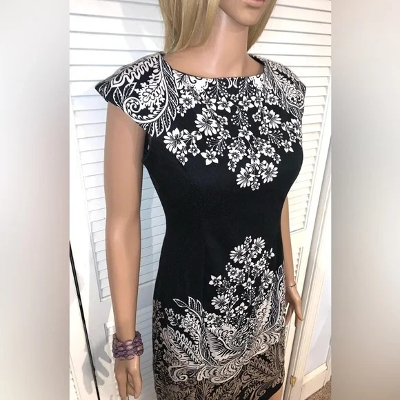 London Style Collection Black White Floral Cap Sleeve Sheath Dress Size 12 - Picture 4 of 7